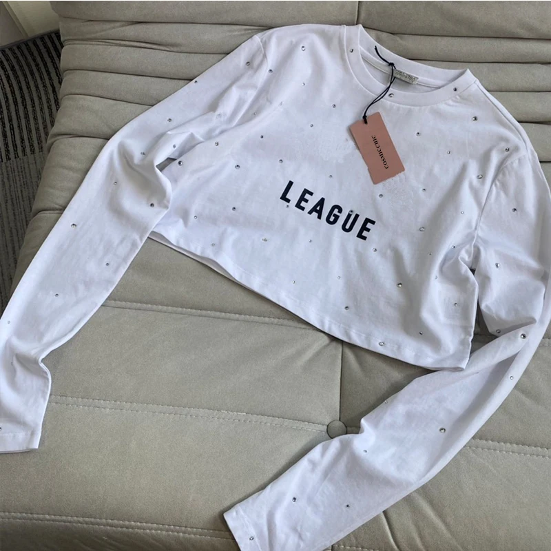 

22 SA Women Long Sleeve Letter Print White Cotton Short Shirts Round Neck Diamonds Loose Crop Tops Fashion Logo Sexy Blouse