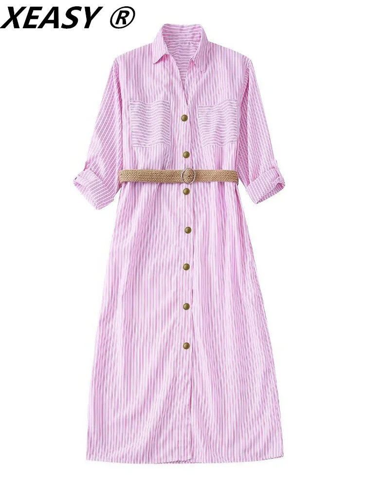 

XEASY Casual Dresses For Women 2022 Vintage Female Dress Shirt Women Clothing Linen Long Dress Women Midi Long Sleeve