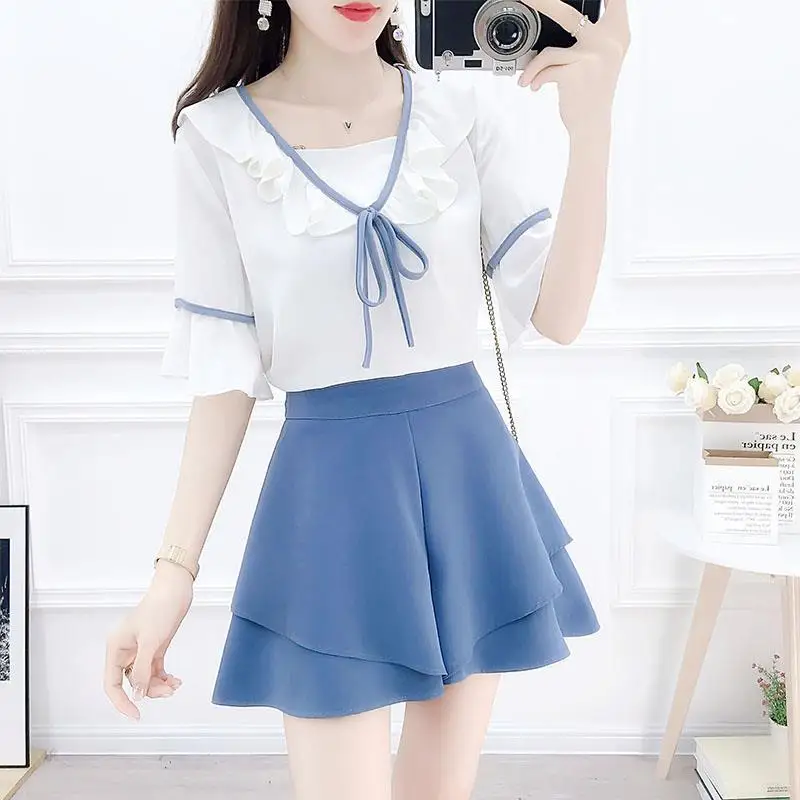 

2022 Summer Women Fashion 2 Piece Sets Female Short Sleeve Bow Chiffon Shirts Tops + Loose Wide Leg Shorts Ladies Suits Y65