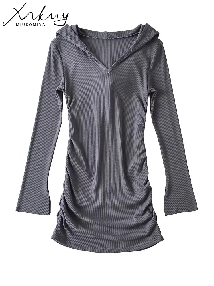 

Hooded Short Dresses Long Sleeve For Women Mini High Waist Ladies Package Hip Dress Spring 2023 Casual Sweatshirt Fold Dresses