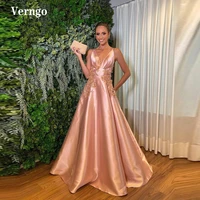 verngo baby pink silk satin long evening dresses v neck spaghetti straps 3d flowers floor length vintage formal prom gowns