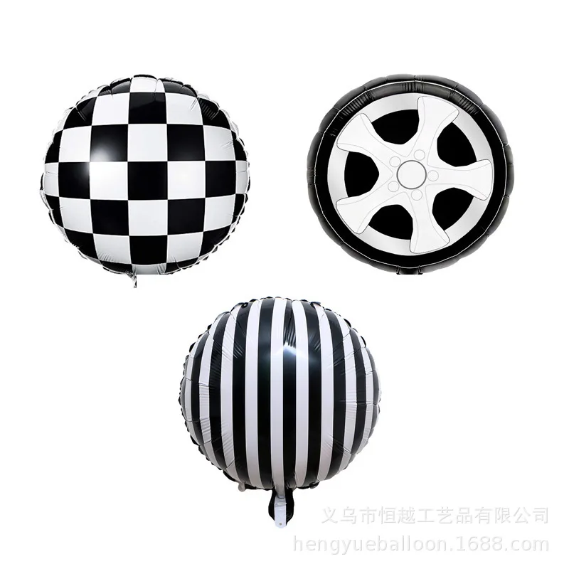 

5Pcs 18 Inch Birthday Party Decoration Round Square Stripe Black And White Aluminum Film Balloon Round Racing Tire Theme Party
