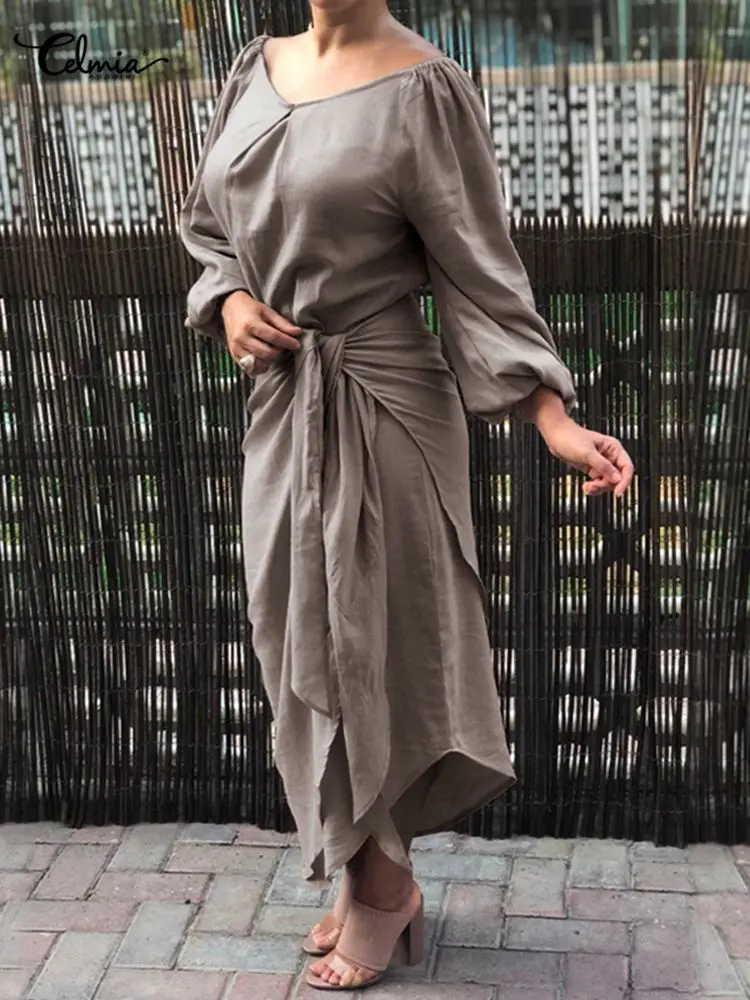 

Fashion Lantern Sleeve Maxi Dress Celmia Elegant Women 2022 Autumn Asymmetrical Solid Long Sundress Loose Pleated Party Robes
