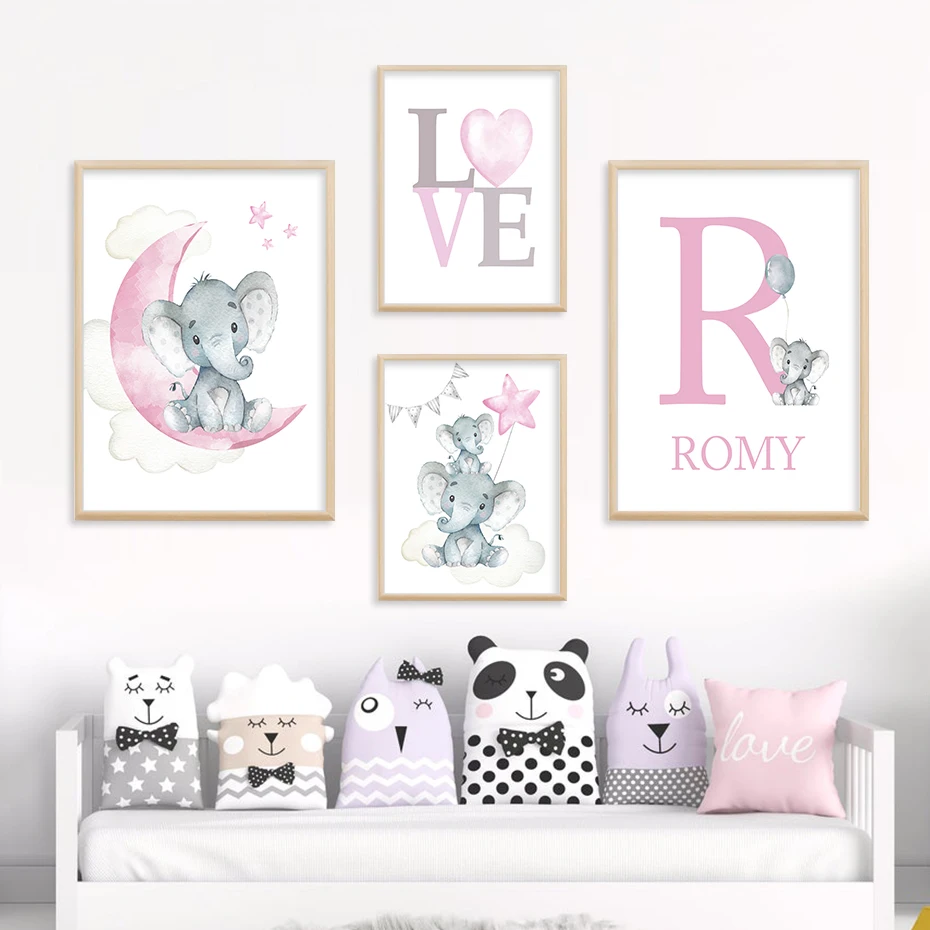 

Cartoon Elephant Moon Custom Baby Name Watercolor Posters Nursery Wall Art Canvas Painting Print Picture Girls Room Home Decor