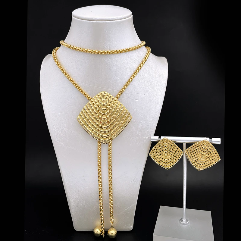 

Gold Color Jewelry Necklace And Earrings Set For Women Long Chain Large Pendant ensemble de bijoux en plaqué or italien