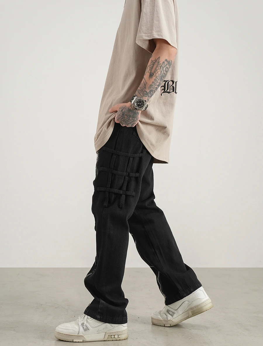 Fashion Denim Straight Jeans Mens Hip Hop Zippers Design Jeans Streetwear Pant Trousers Casual High-street Joggers Jeans Pants