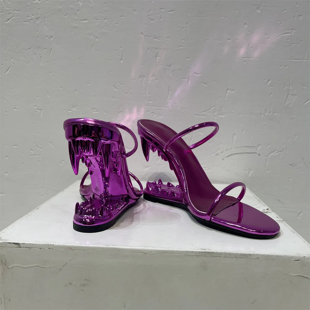 Summer Women Wedges Heel Sandal Patent Leather  Lady Strange Style Clubwear Party Sandals  Gold Silver 43