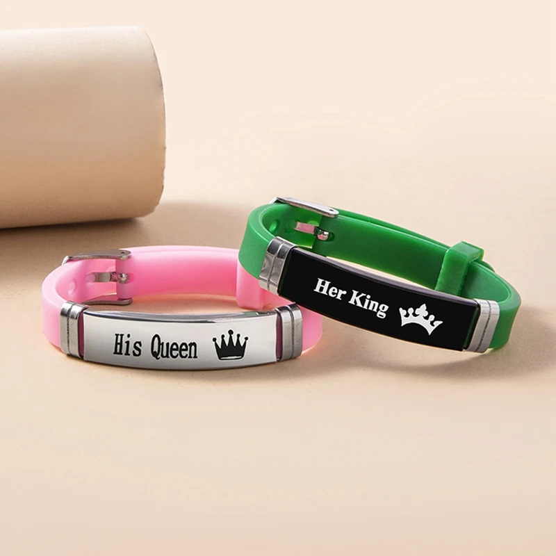 

1 Pair His Queen Her King Couple Romantic Crown Stainless Steel Silicone Bracelet Gift For Valentine's Day