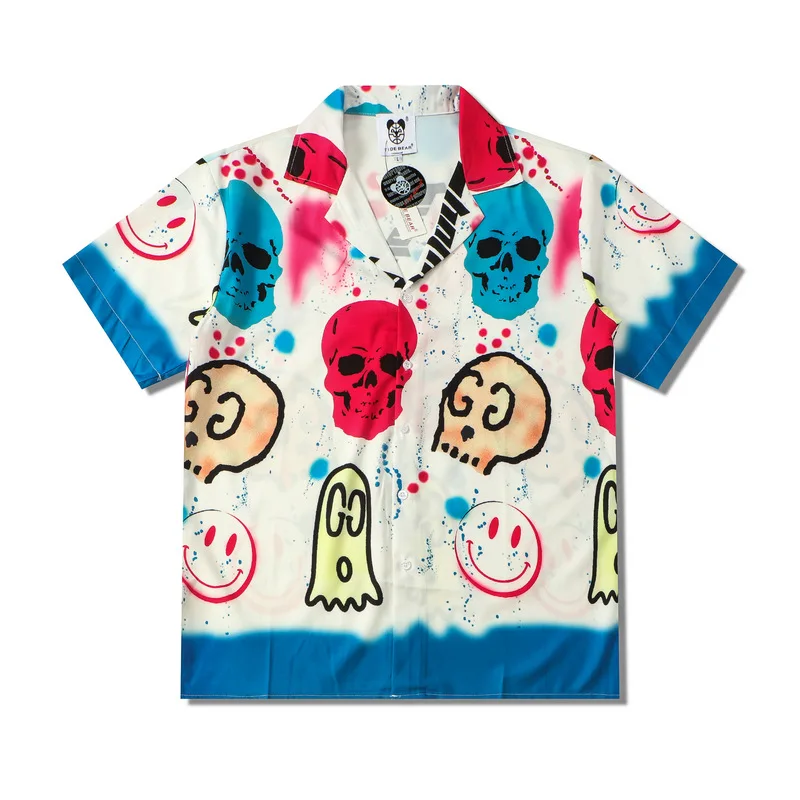 

2023Summer New Mens Vintage Funny Skull Smiley Print Short Sleeve Shirt Fashion Oversized Hawaiian Shirts Men Camisas Masculinas