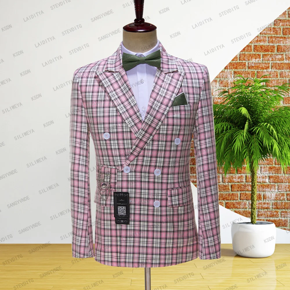 

2023 новый стиль бутик розовый клетчатый официальный деловой мужской костюм комплект свадебное платье для жениха двубортный 2 штуки (пиджак + брюки)