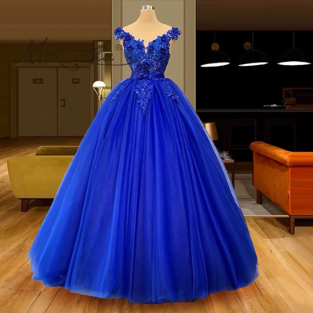 

Royer Blue A-Line Evening Prom Dress for Women Bow Sashes Appliques Flowers Scoop Neck Party Gown Sweep Train تا