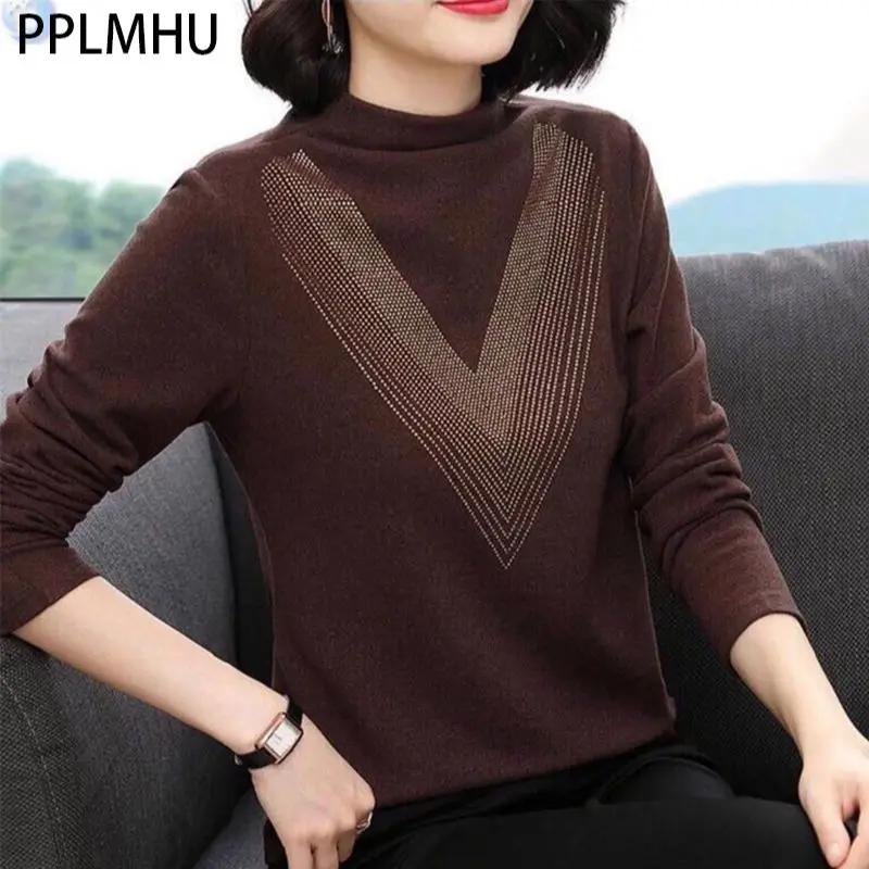 

Plus Size 5XL Tee Velvet Lace T-shirt Half High Collar Bottoming Shirt Long Sleeve Elegant Pullover Diamond Wholesale Korean Top