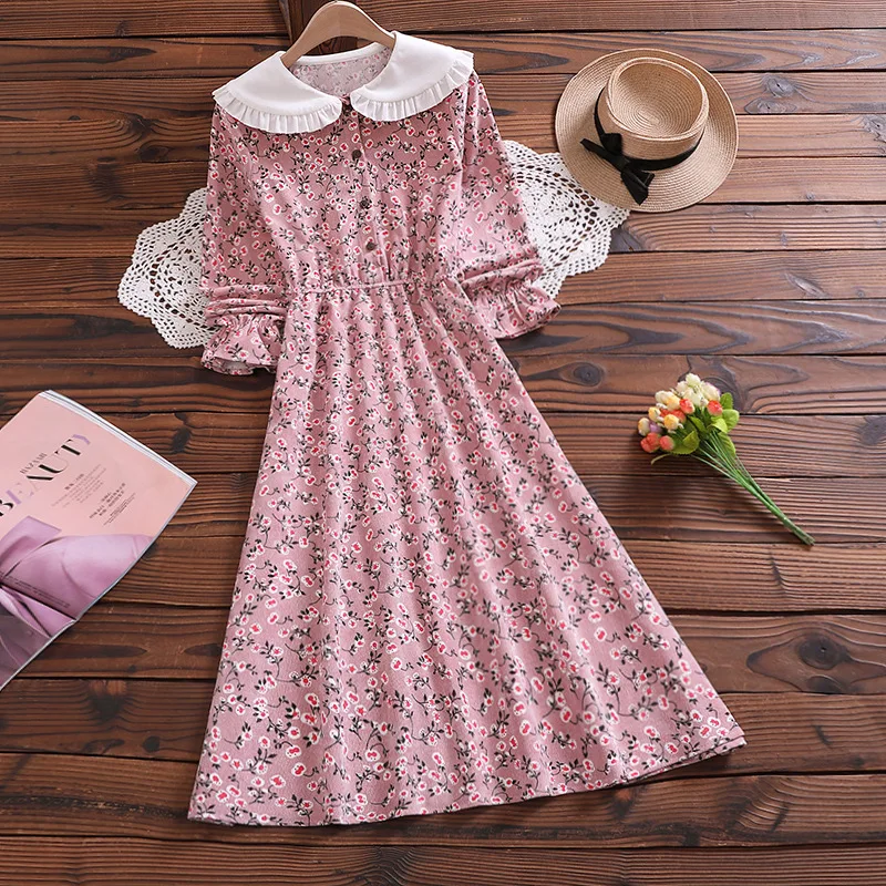 

Mori Girl Corduroy Cute Floral Vintage Dress Women Long Sleeve Peter Pan Collar Sweet Vestidos Female Elegant Shirt Dresses