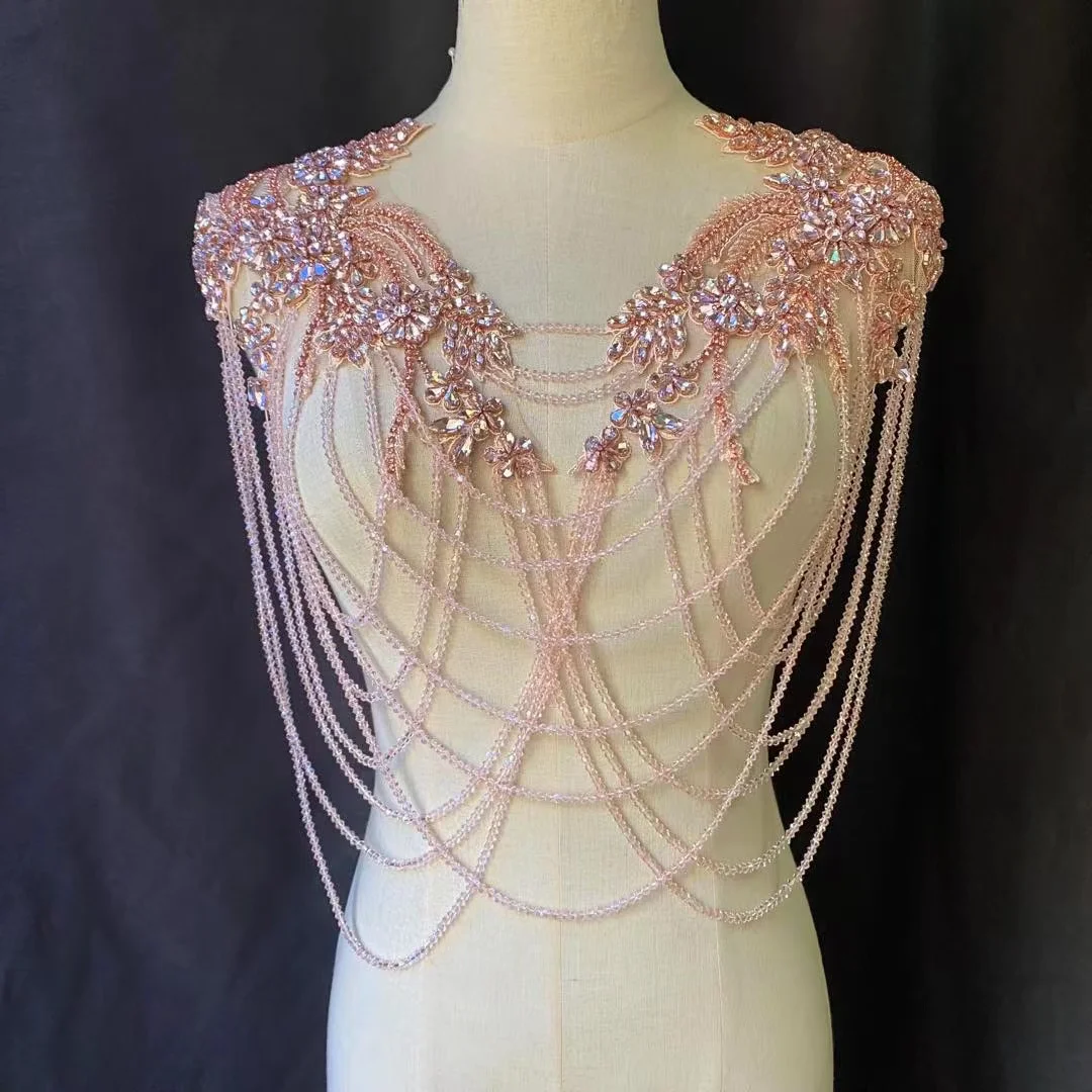 

Luxurious Pink Crystal Rhinestone Chains Patch Fringe Applique for Wedding Dress,Dance Costume Sparkling Cape