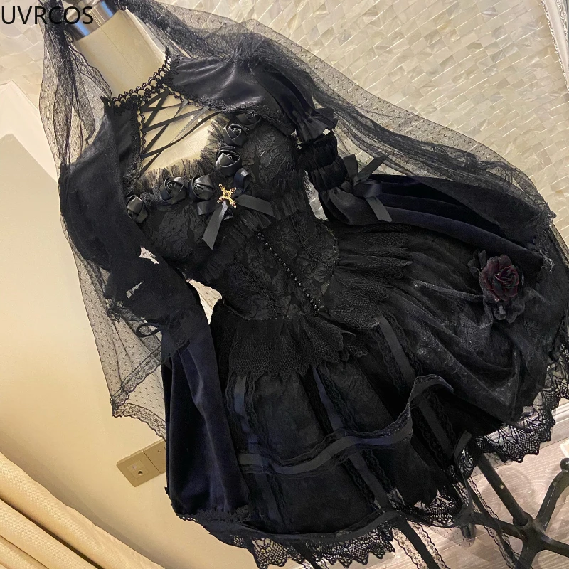 Japanese Victorian Gothic Lolita Dress Vintage Girl Sweet Lace Rose Elegant Princess Holiday Party Dresses Women Dark Slip Dress