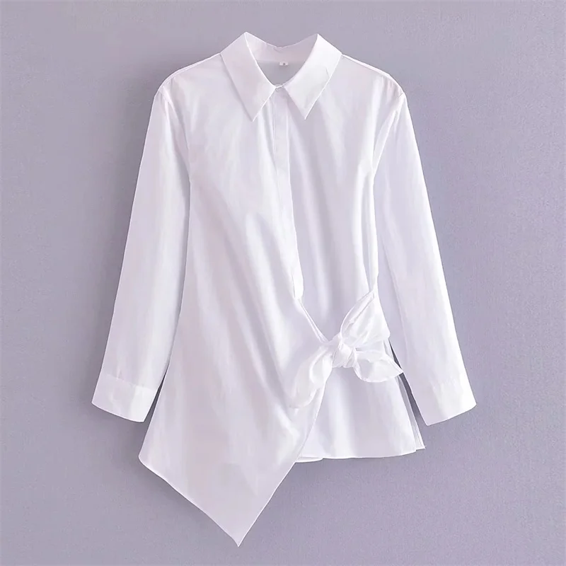 

TRAF Women Long Cuffed Sleevesshirt Lapel Collar Front Crossover With Knot Blouse Soild Casual New Design 2023 Summer Shirts