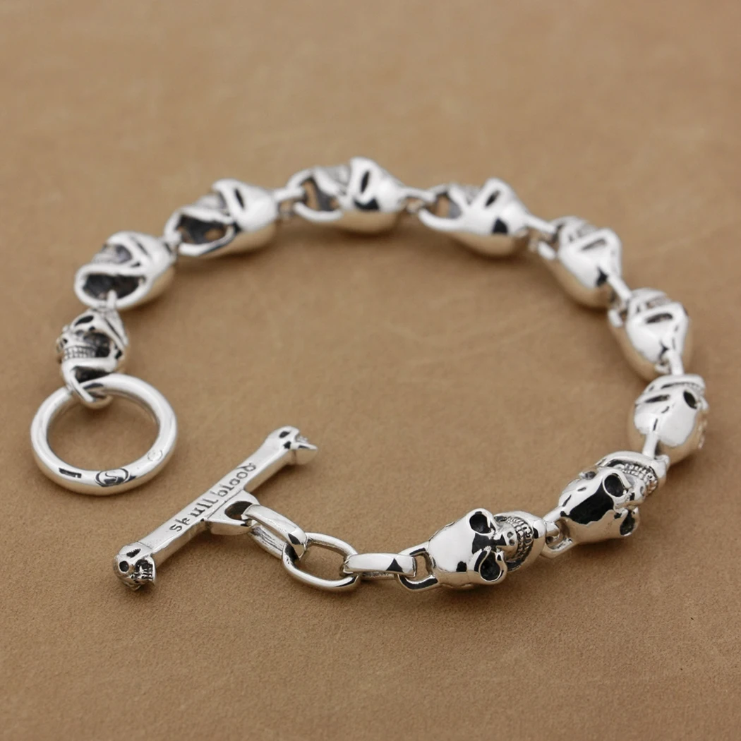 Браслет с черепами из стерлингового серебра 925 пробы байкерская цепочка в стиле