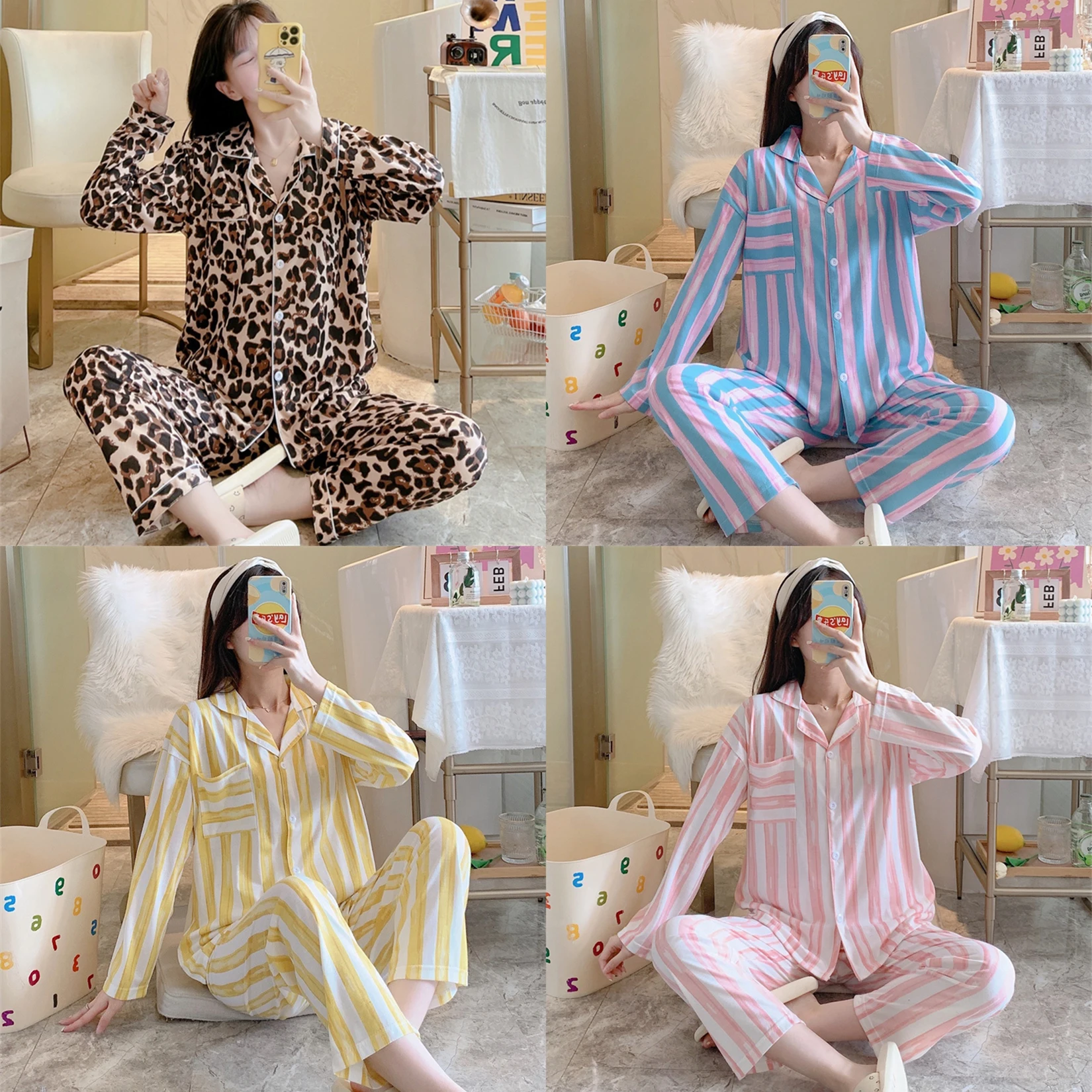 Cotton Pajamas Women's Summer Long-sleeved Cardigan Women's Thin Section Sweet and Cute Pajamas Girls Casual Loose Home Clothes