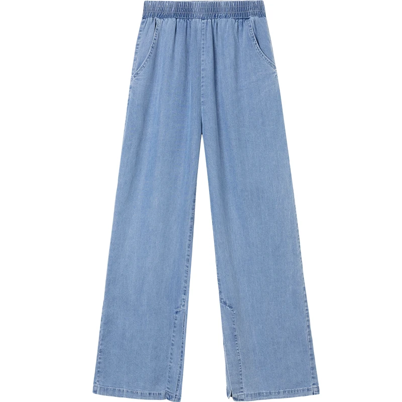 Women Elastic Waist Loose Split Denim Pants 2021 Summer Casual Thin High Waist Wide Leg Pant Women Long Length Trousers Jeans