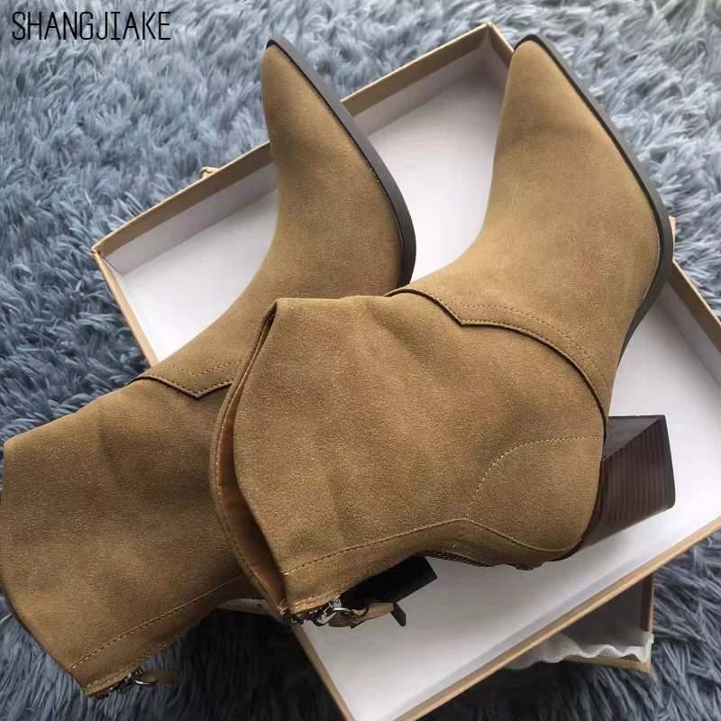 

Brand Women's Split Leather Heeled Cowboy Ankle Boots Autumn Fashion Pointed Toes Heel Boots Woman Elegant Office Lady Shoes