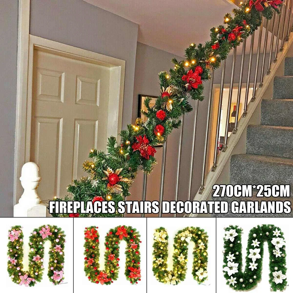 

2.7M Christmas Decorations Garland Rattan Lights Wreath Decorated Mantel Fireplace Stairs Wall Door Pine Tree LED Light Up Decor