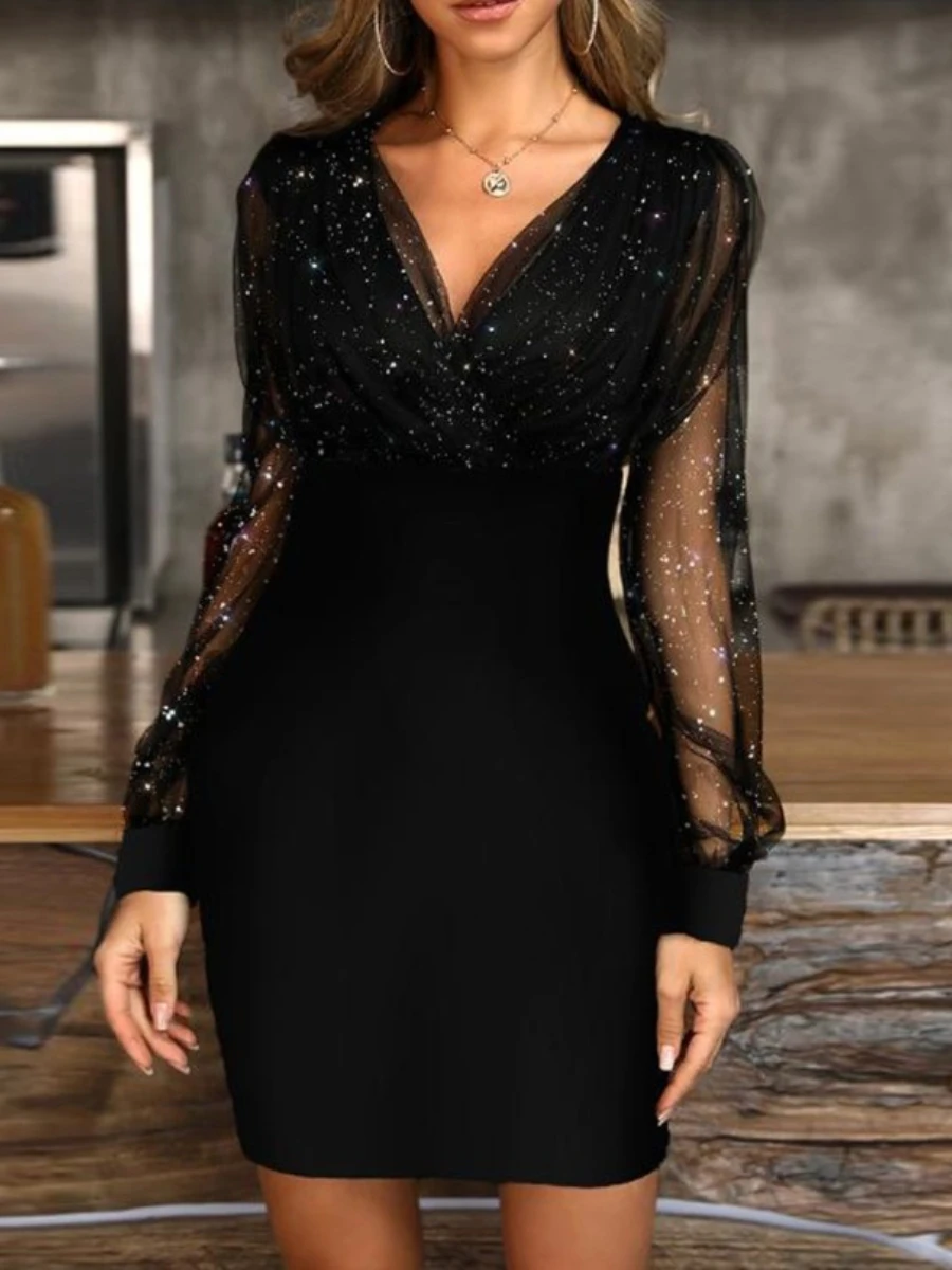 

Sequin Sexy Dress for Women 2022 Autumn Vintage Elegant Party Mini Dress Ladies Casual Fashion Black Dresses