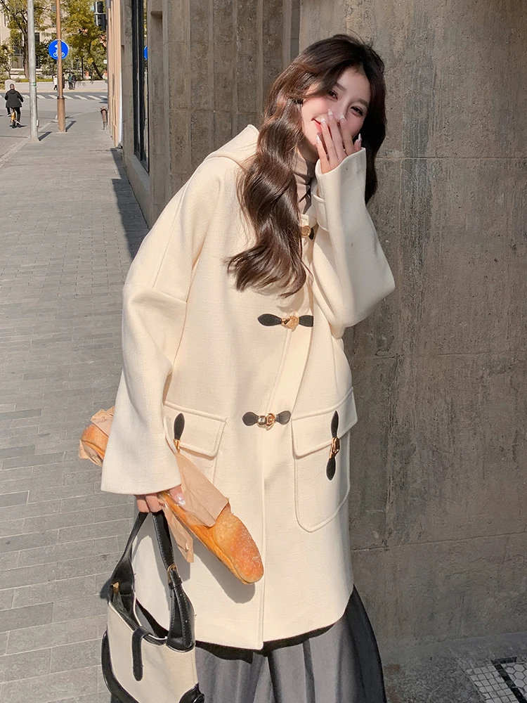 Свободное шерстяное пальто с капюшоном в стиле преппи женское зимнее 2024 новая