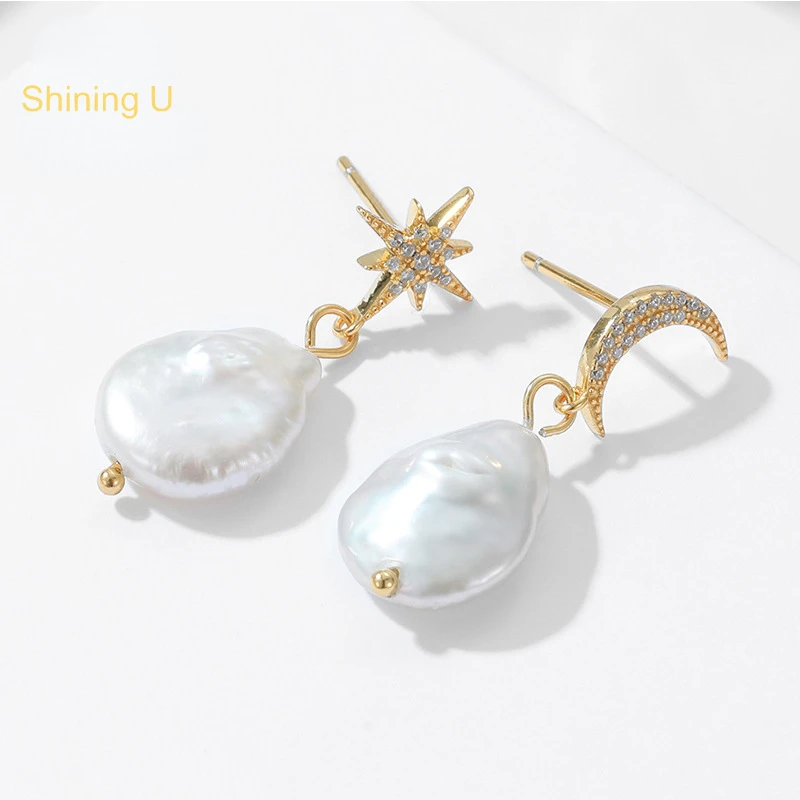 

Shining U S925 Silver Baroque Pearl Drop Earrings Asymmetric Star Shape Fine Jewelry Party