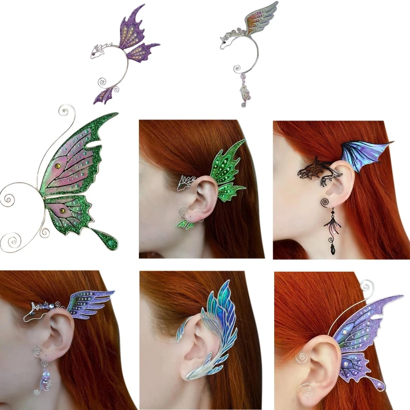 

L21E Multi Type Butterfly Dragon Wing Shape Elf Ear Cuff Minimalist Ear Wraps Non Pierced Clips Cosplay Fantasy Decoration