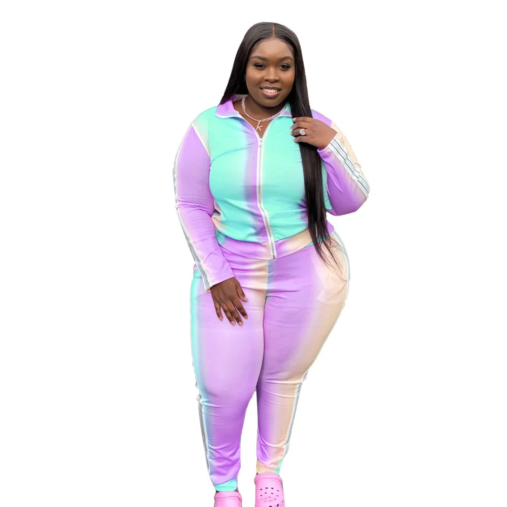 Plus Size Clothes Women L-5xl 2 Piece Set Gradient Patchwork Zip Top Sport Pants Fitness Outfit Activewear Wh 3xl 4xl 5xl 6xl