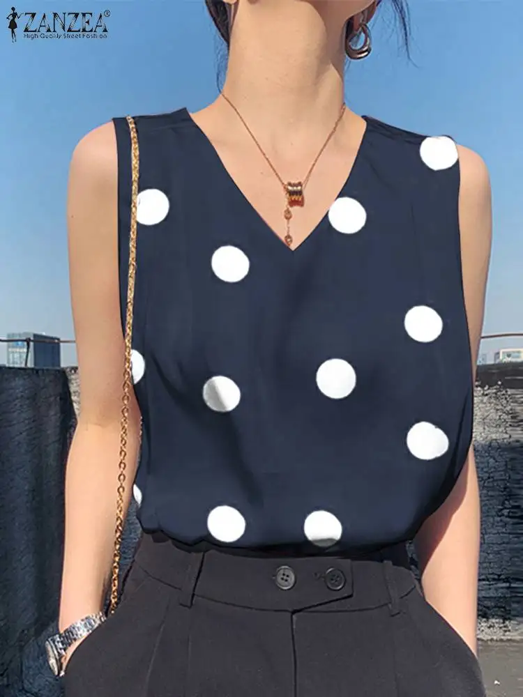 

ZANZEA Summer Polka Dot Printed Blouse Fashion Sleeveless Tank Tops Elegant Work OL Shirt Bohemian Beach Chemise Mujer Femme