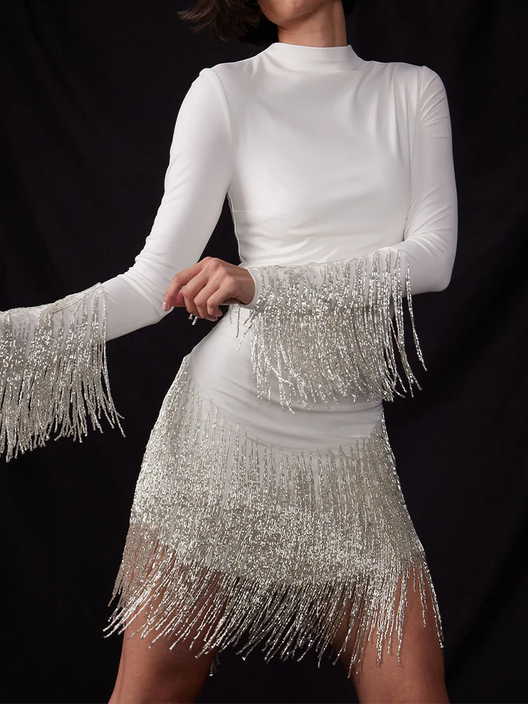 

OMSJ 2022 Women Trendy Tassel Celebrity Evening Runway Party Dress Slim O-neck Long Sleeve Mini Sexy Dresses Female Chic Outfits