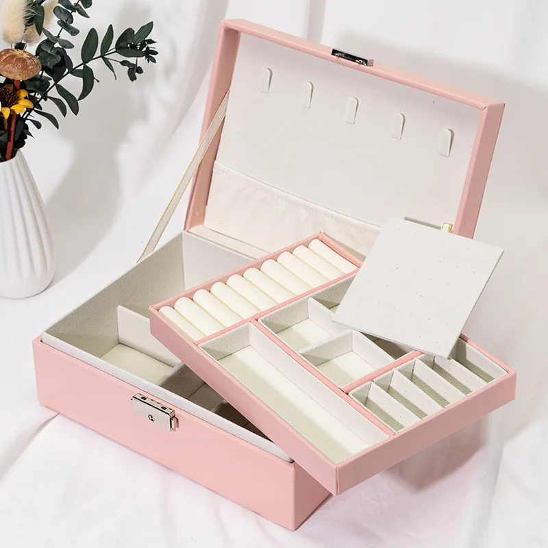 Multi-functional Jewelry Box Three-layer Leather Drawer-style Earrings Lock Jewelers Waterproof Display Organizer Boxes Supplies