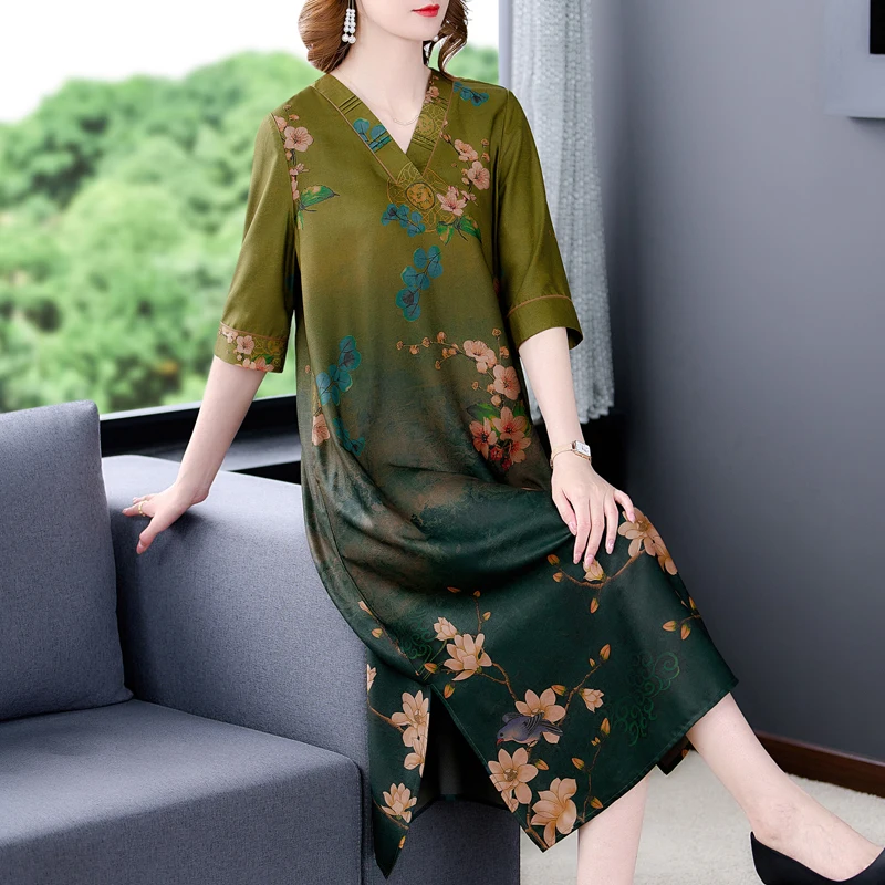 

Женское винтажное шелковое платье с V-образным вырезом и принтом, свободное облегающее длинное платье большого размера с юбкой, вечерние пл...