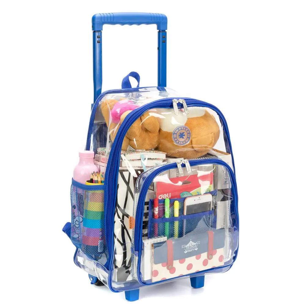 Rolling Clear Backpack Heavy Duty See Through Wheeled Daypack School Bookbag with Wheels Royal Blue
