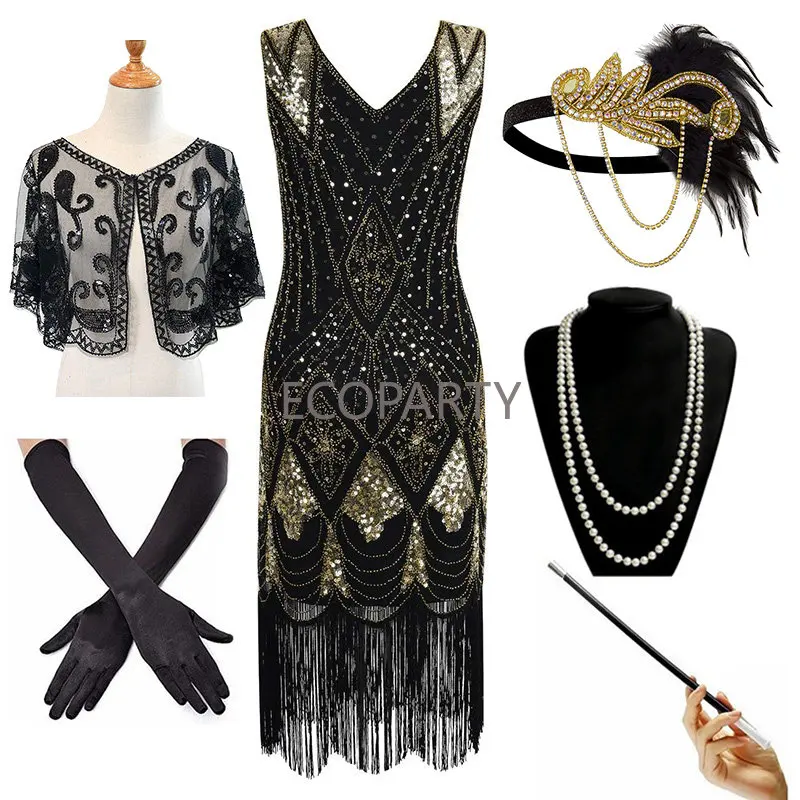 Women 1920s Vintage Flapper Long Fringe Beaded Gatsby Party Dress with 20s Accessories Set(6PC) Ecoparty 30