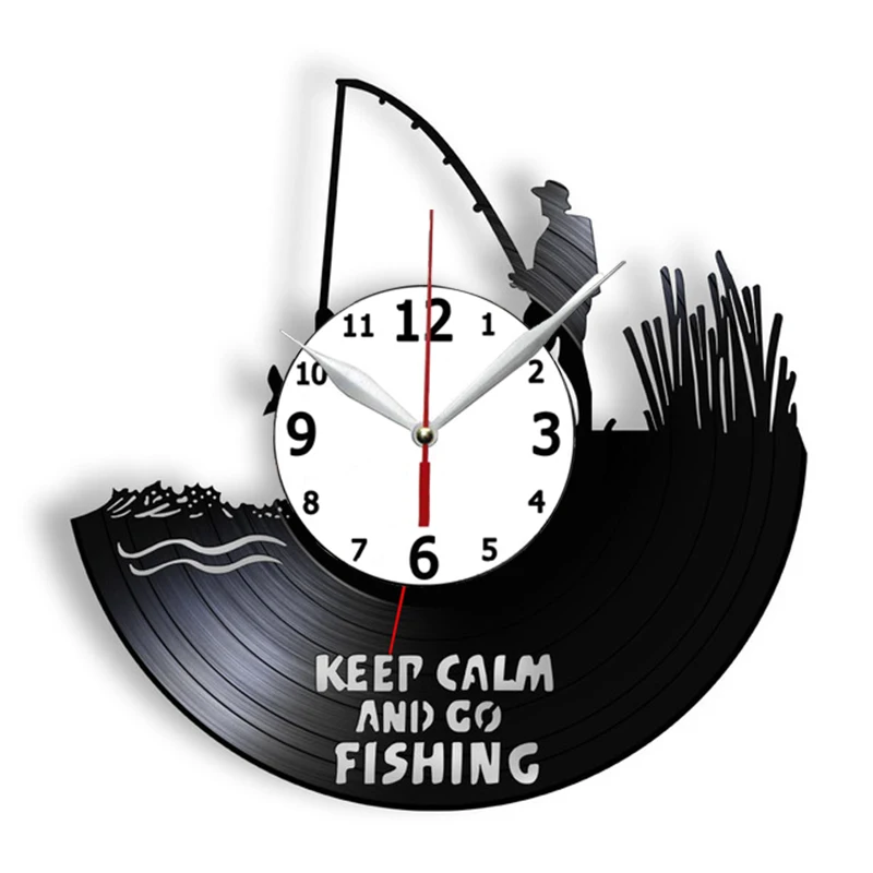 

Настенные часы с надписью «Keep Calm and Go» для рыбалки и рыбалки, забавная цитата, настенные часы для речной рыбалки с виниловой пластиной, часы с...