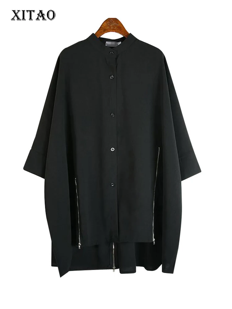 

XITAO Spring Autumn New Shirt Casual Loose Irregular Hem Splicing Zippers Fashion Simplicity Stand Collar Women Top ZY5637