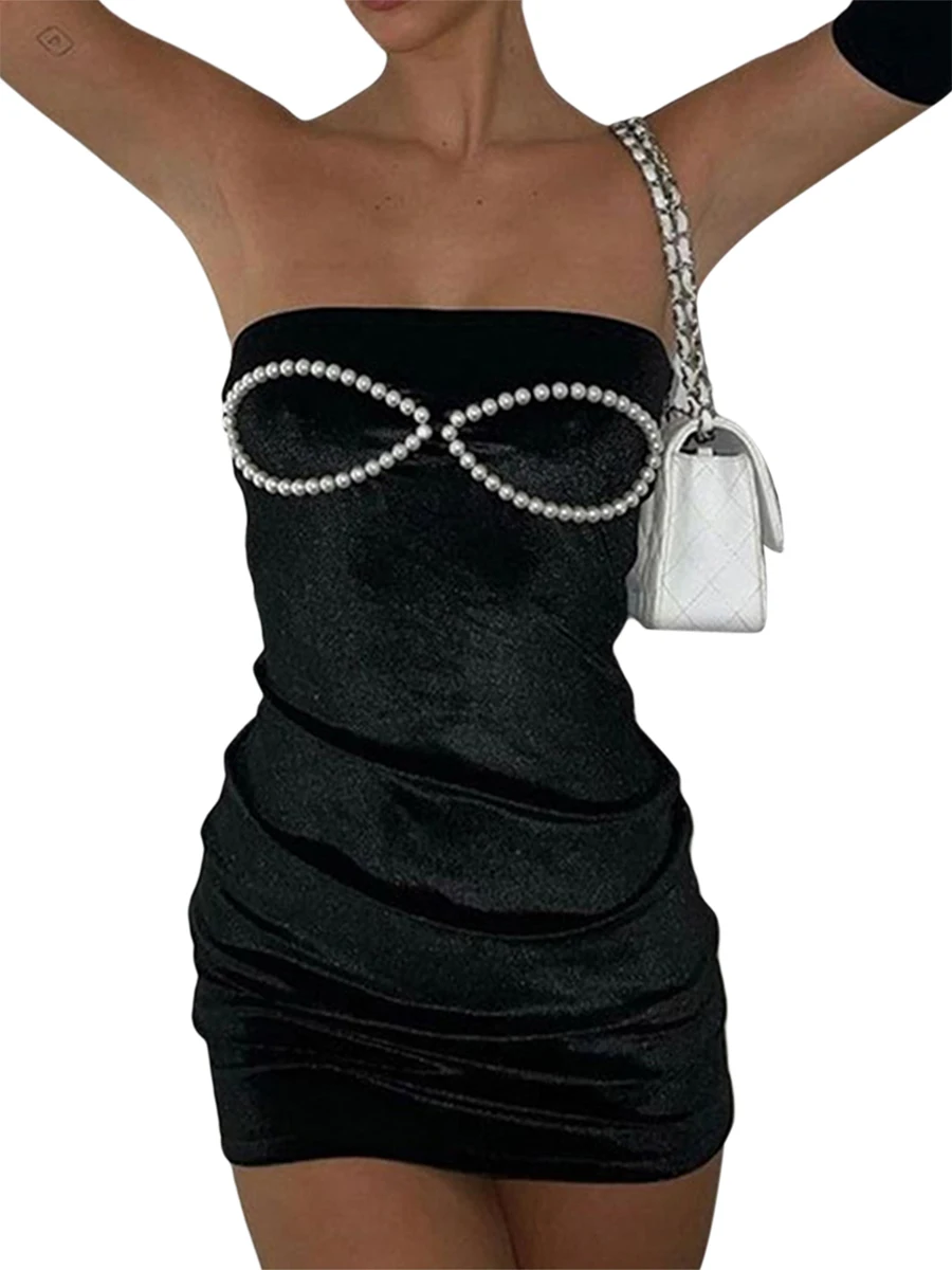 

Women Ladies Elegant Dress and Oversleeves Black Off-the-shoulder Slim Fit Wrap Dress with Pearl Decor