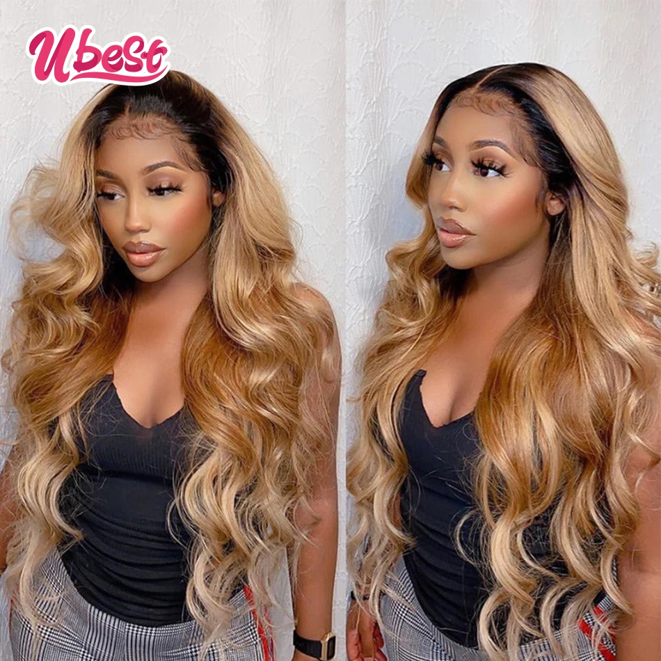 

13x6 Honey Blonde Ombre Wig 1B/27 Lace Front Human Hair Wigs Body Wave Peruvian Pre Plucked 13x4 Transparent Lace Frontal Wigs