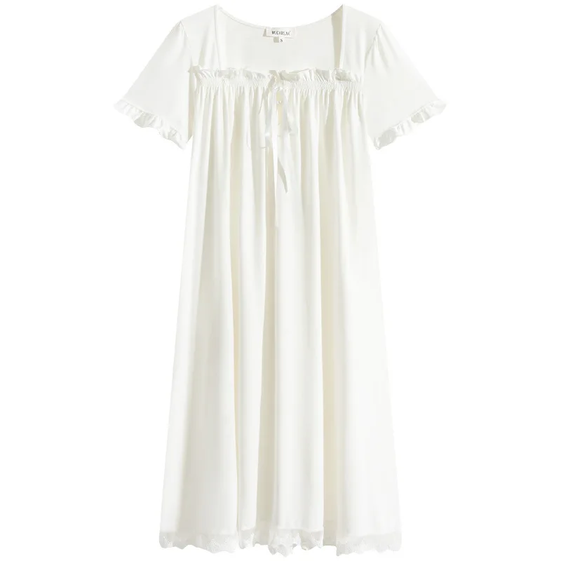 Spring and Autumn Women's Nightdress Short Sleeve Lace Palace Princess Sweet Long Home Wear Loose Sleepwear Women Sleep Tops