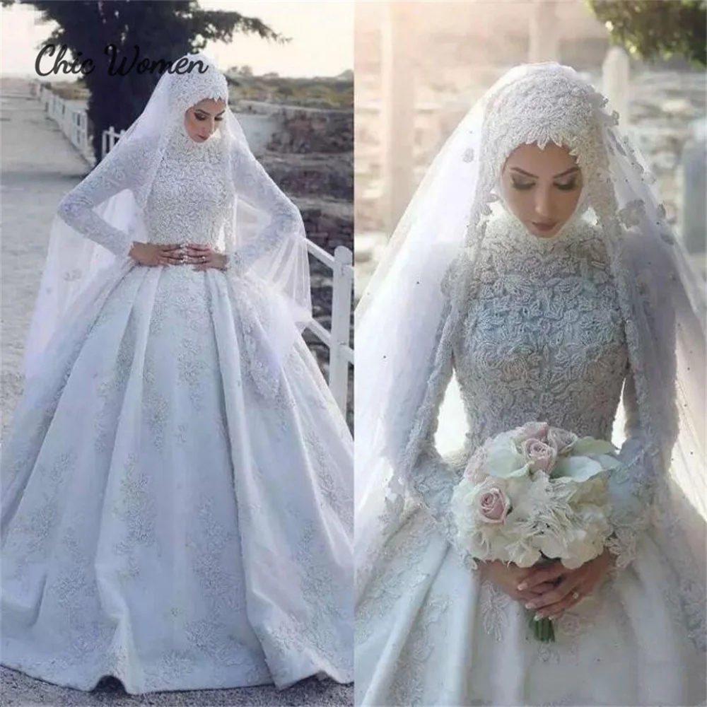 

Islamic Hijab Muslim Wedding Dress 2023 Lace Tirtle Neck Long Sleeve Princess Church Greek Bridal Gown A Line Garden Bride Dress