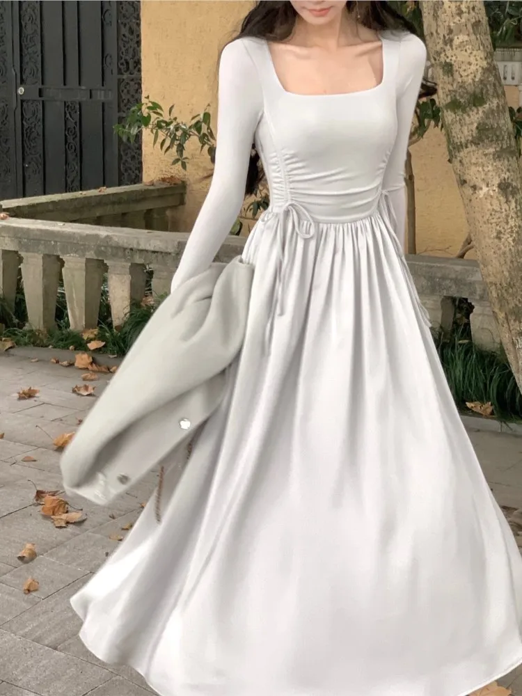 

Элегантное однотонное женское платье миди с длинным рукавом и квадратным вырезом на осень и весну, французское винтажное ТРАПЕЦИЕВИДНОЕ повседневное модное женское платье, новинка