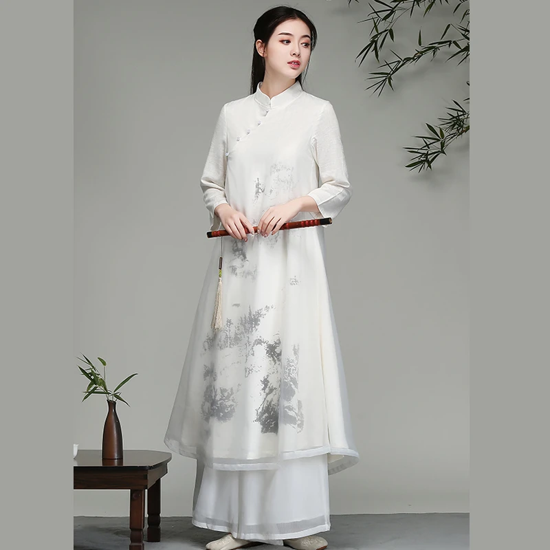 Chinese Qipao for Ladies Elegant Retro style Full Sleeve Wedding Dress with Chiffon Floral Print Oriental Plain Silk Suit