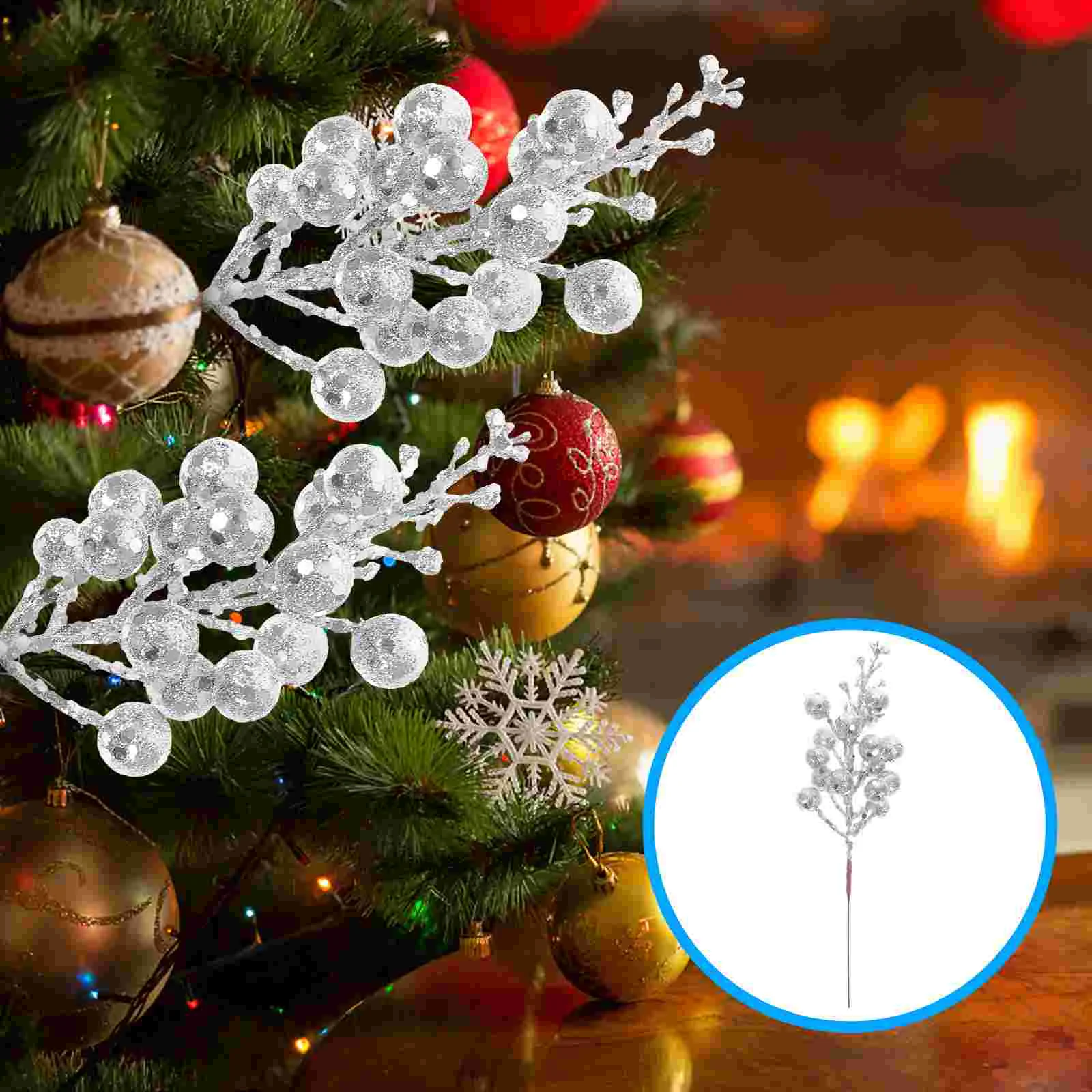 

Berry Christmas Artificial Picks Stems Tree Berries Flowers Glitter Holly Fake Branches Stem Pick Wreath Pine Decorations Silver
