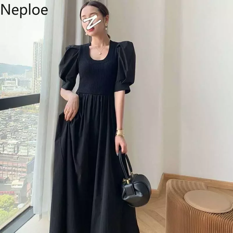 

Korean Patchwork Knit Dress Women Clothes 2022 Summer Elegant Long Robe High Waist Vestidos Puff Sleeve Vintage Maxi Dresses