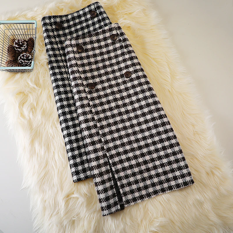 

Woolen plaid mid-length one-step skirt women's autumn and winter new high waist all-match split short skirt woolen skirt S-XXL