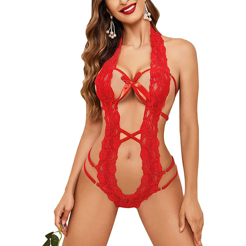 

Women Deep V Halter Lingerie Teddy One Piece Bodysuit Lace Babydoll Sexy Clothes Sleepwear Lingerie Set Sexy Lingerie