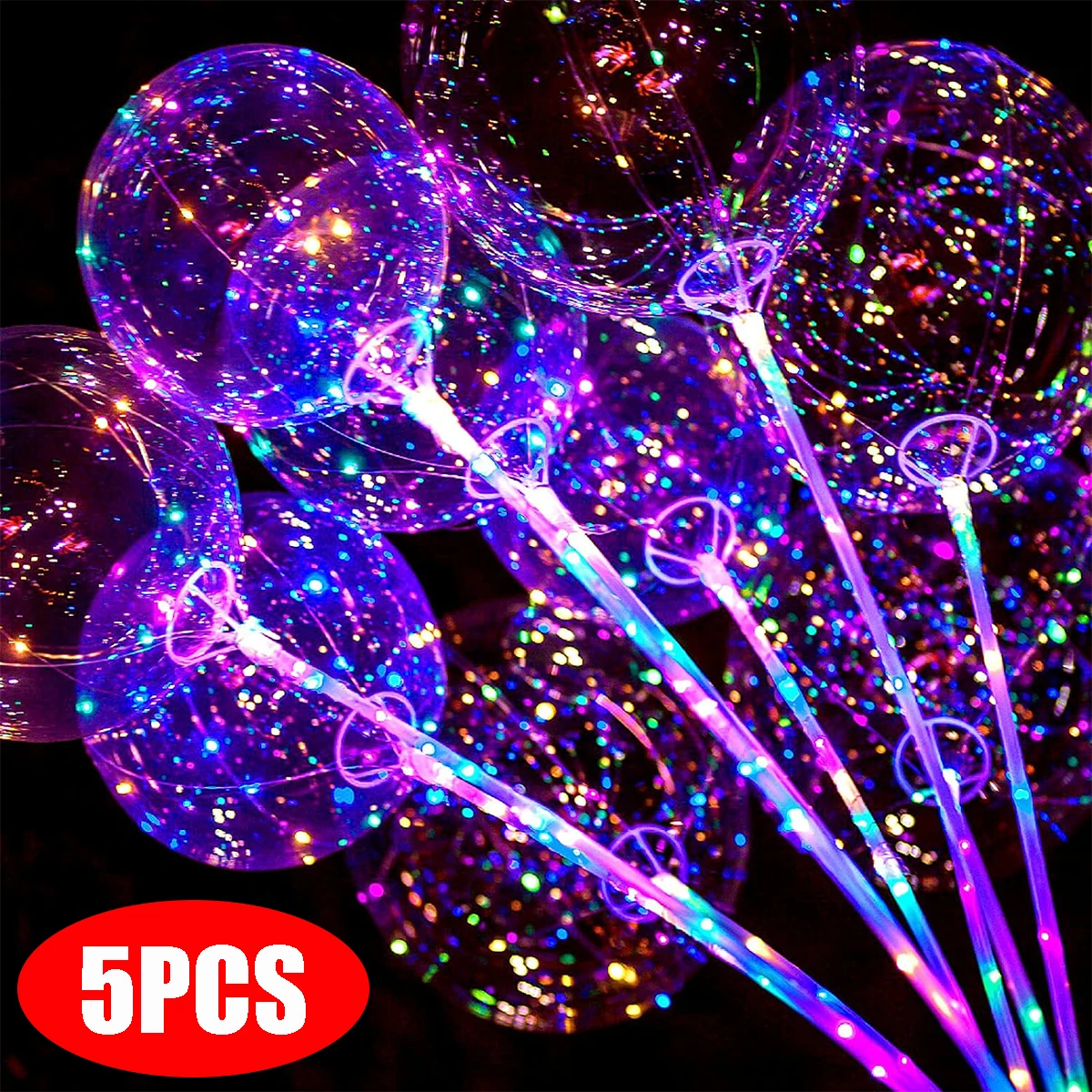 5Pcs Flashing LED Bobo Balloons with Sticks Glow Supplies Light Up Bubble Balloons for Wedding Birthday Festival Decor