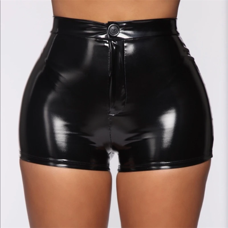 

Sexy Nightclub Costumes Shorts Women PU Leather Shorts High Waist Solid Color Button Black Shorts Fashion Summer